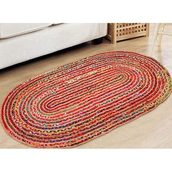 Homebia Designs Jute Rug, 3x5 ft, Braided Area Rug, Kitchen Rug, Multi Color Cotton Chindi Oval Rug, Reversible