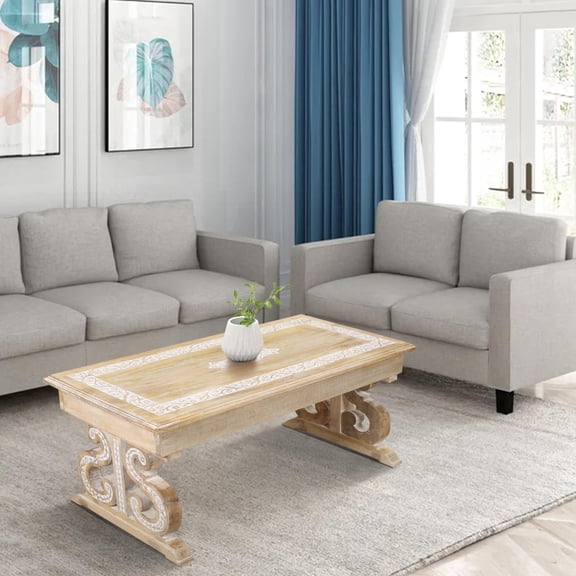 Homebia Designs Mango Wood Rectangular Coffee Table - Living Room Center Table, Rustic Vintage Charm, Eco-Friendly Furniture, Reclaimed Wood - 40x18 Inch White Wash Finish
