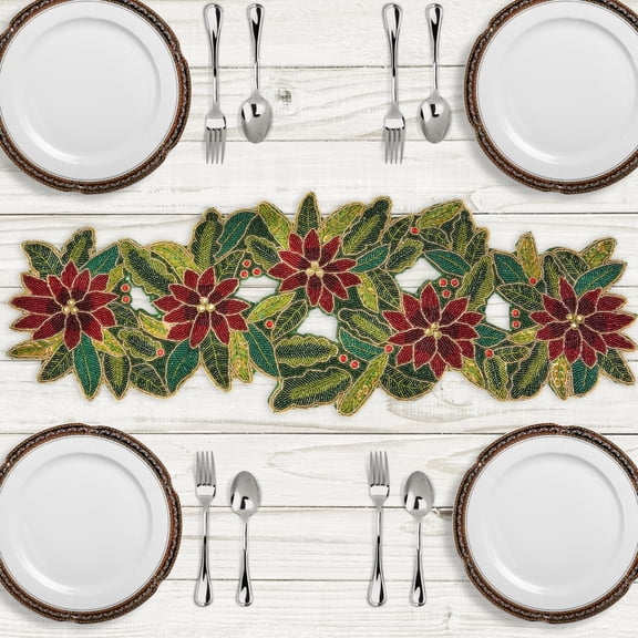 Homebia Designs Poinsettia Beaded Table Runner - Festive 13" × 36" Holiday Decor in Maroon & Green - Elegant Farmhouse Christmas & Thanksgiving Dining Accent