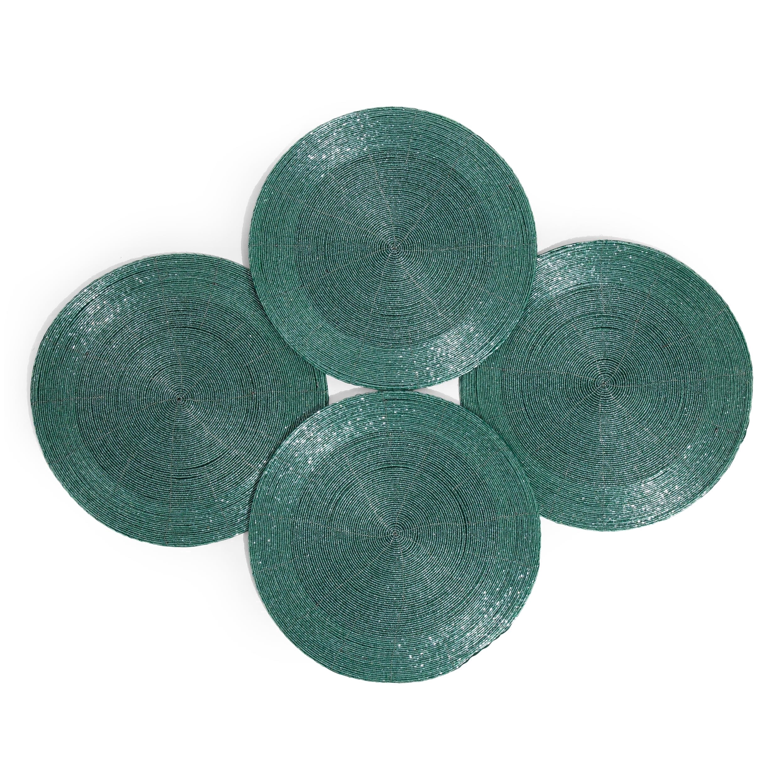 Homebia Designs Rustic Farmhouse Beaded Placemats Set of 4-13 Inch Round Handmade Decorative Charger Plates - Perfect Table Décor for Christmas, Thanksgiving, Easter, Weddings & Parties - Green