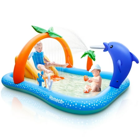 Homech Inflatable Play Center Pool, Seaside Water Play Center with Water Slide, Kiddie Pool for Kids Children Ages 3+