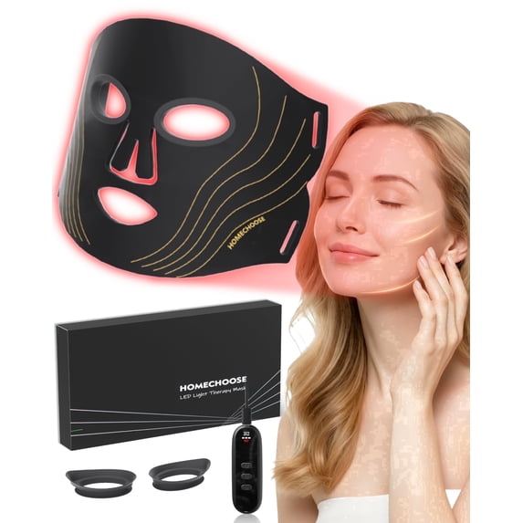 Homechoose 100 LED Red Light Therapy Face Mask, 4 Color Photon Skin Care for Wrinkles and Acne, Portable Cordless, Eye Protection