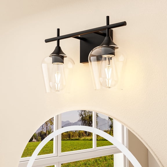 Homechoose 2-Light Bathroom Light Fixtures, Black Modern Vanity Lights with Clear Glass Shade, Bathroom Wall Lamp for Mirror Kitchen Living Room Hallway Cabinet Porch