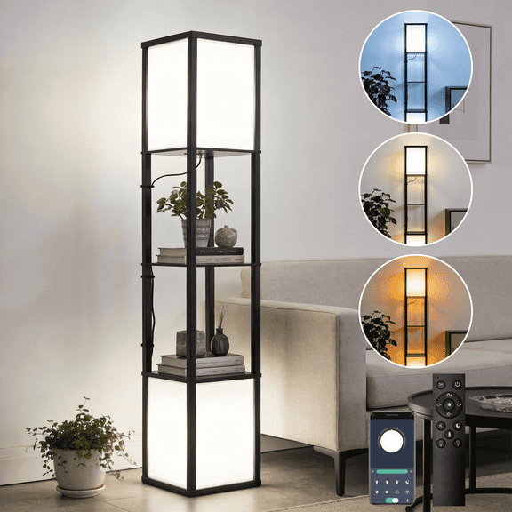 Homechoose 2-Light Shelf Floor Lamp with Storage, Adjustable Color Temperature 2500K–6000K, Remote & APP Control, Walnut Finish, 61" Tall
