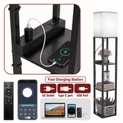 Homechoose Modern Shelf Floor Lamp with Charging Station, Stepless Dimming, Remote & App Control, 3-Tier Storage, 2500K 6000K Adjustable, Walnut Black