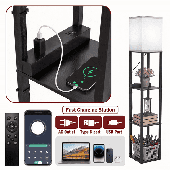 Homechoose Modern Shelf Floor Lamp with Charging Station, Stepless Dimming, Remote & App Control, 3-Tier Storage, 2500K–6000K Adjustable, Walnut Black