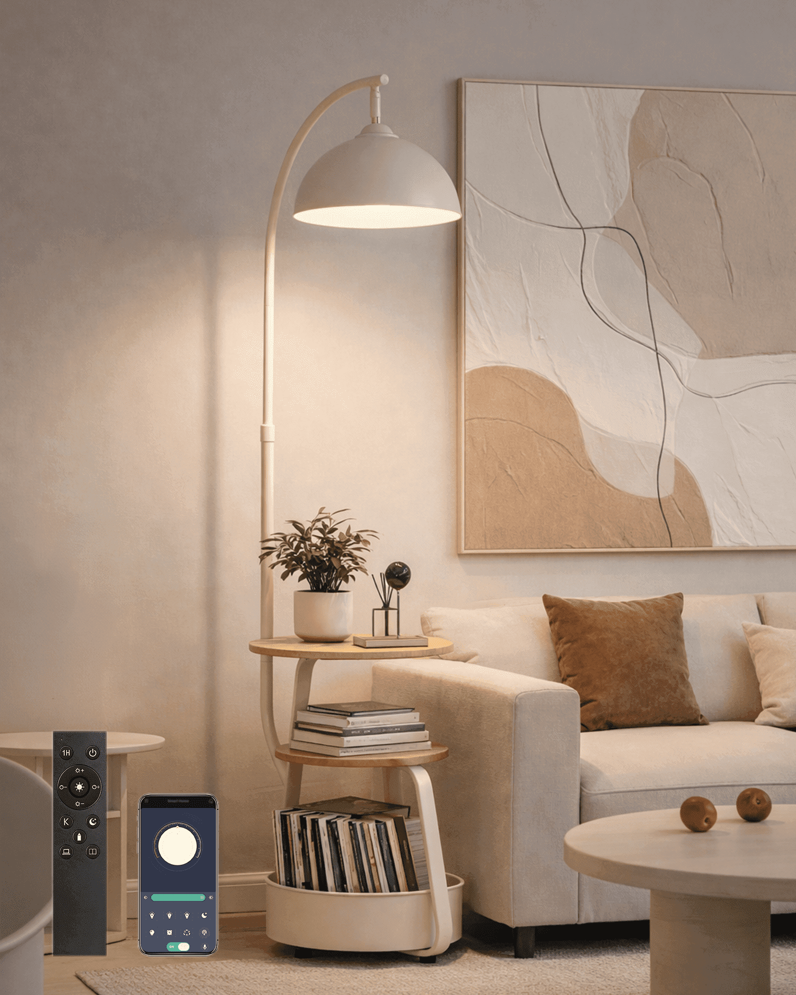 Homechoose Modern Smart Floor Lamp with Side Table, Stepless Dimming, Remote & App Control, Adjustable Height, 2-Tier Shelf, Cream White