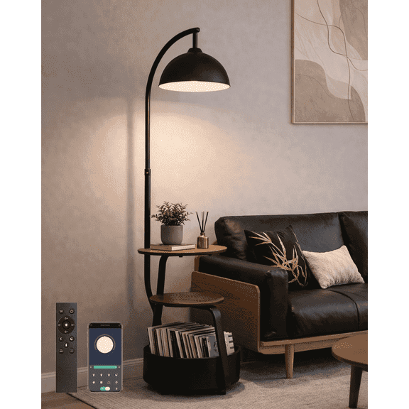 Homechoose Modern Smart Floor Lamp with Side Table, Stepless Dimming, Remote & App Control, Adjustable Height, 2-Tier Shelf, Matte Black