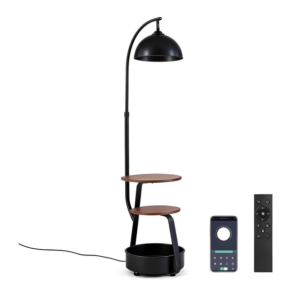 Homechoose Smart Floor Lamp with Side Table, 2-Tier Shelf & Storage Basket, Dimmable E26 Bulb with Remote & APP Control, Adjustable Height Modern Matte Black for Living Room Bedroom