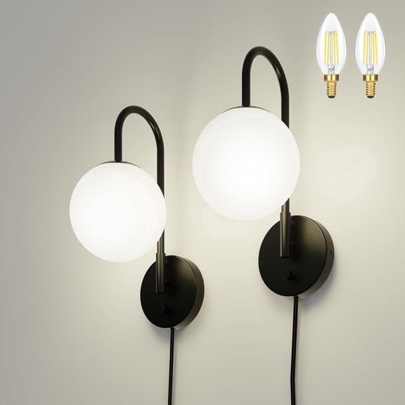 Homechoose Wall Sconces Set of Two,Plug in Wall Lights with Dimmable Knob Switch, Milky White Glass Globe Shade,Wall Lamps for Bedroom, Living Room,Hallway,Wall Decor