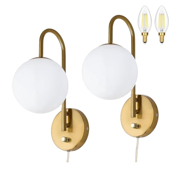 Homechoose Modern Dimmable 2-Light LED Brushed Brass Wall Sconces with Milk Glass Globe 2-Count
