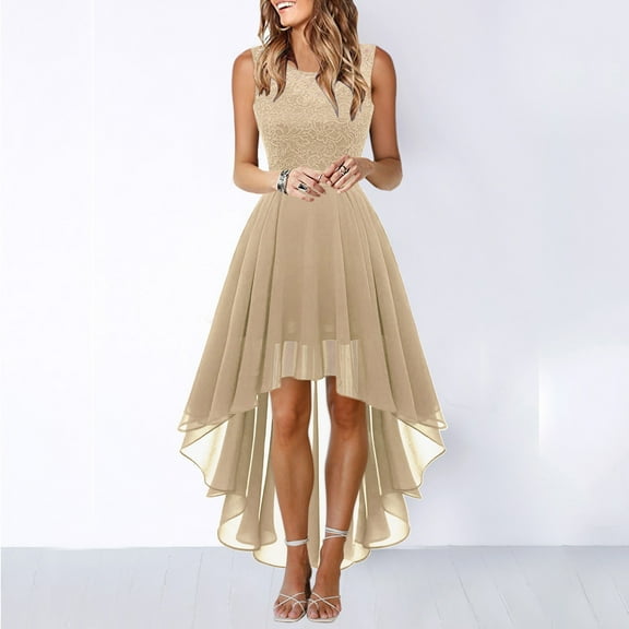 Homecoming Formal Dresses Prom Sleeveless Lace High Low Dress (Khaki S)