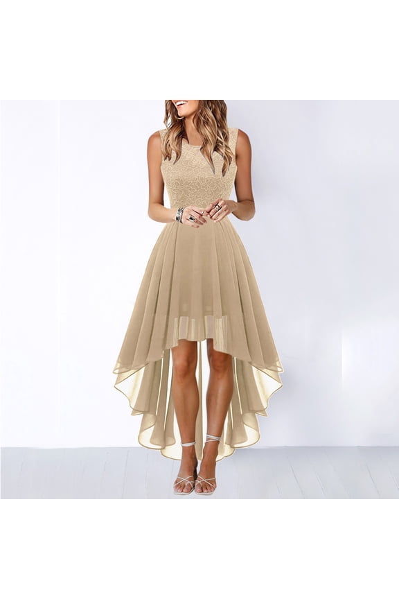Homecoming Formal Dresses Prom Sleeveless Lace High Low Dress (Khaki XXXXS)