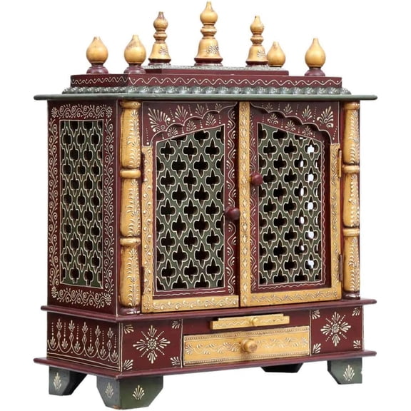 Homecrafts Handpainted Wooden Home Temple/Home mandir/god Stand for Home/Pooja Stand/Home mandap/mandapam/Pooja mandir with Doors and Medium Size (Color-WhiteRed) Medium Size- 18x12x24 Inch