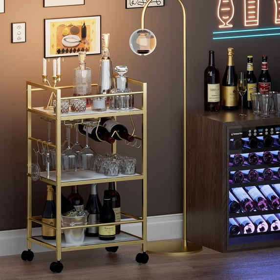 Homedawn Bar Cart with Wine Rack and Glass Holder, Gold & White Rolling Serving Cart for Kitchen Dining Room