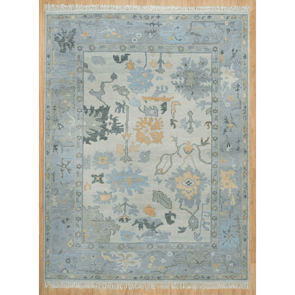 HomedecoreIN Faded Silver Gray Oushak 8x10, Modern Hand-Knotted Handmade Wool Muted Gold Blue And Cream Area Rugs For Living Room, Bedroom, Hallway And Any Room