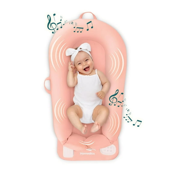 Homedics 3-in-1 Calming Baby Cushion, Soothing Comfort for Newborns & Infants, Snuggling Sensation, Sound and Vibration, Designed for Safety, Cordless, Rechargeable & Machine-Washable, Coral