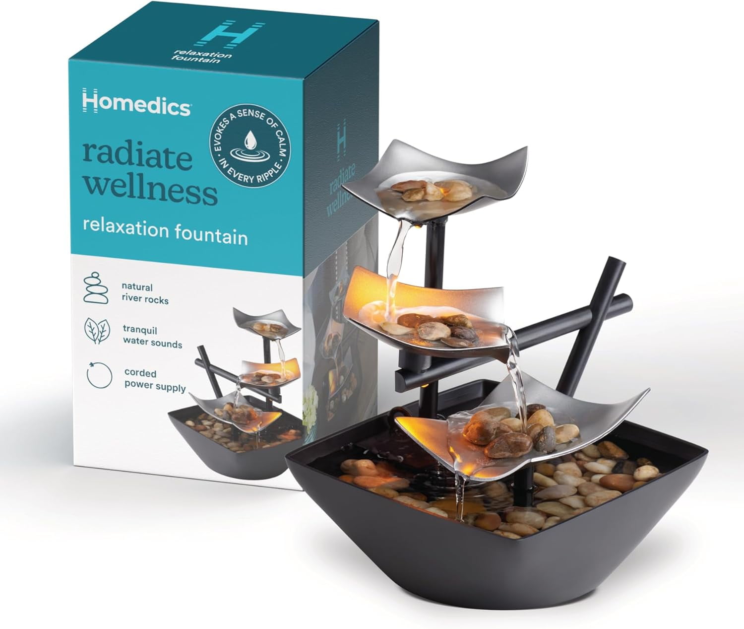Silver and Black Tabletop Zen Water Fountain with Natural River Rocks