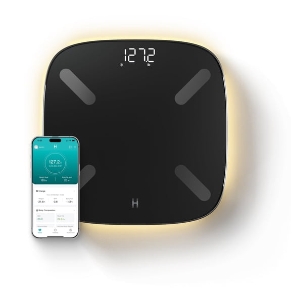 Homedics Smart Glo, Digital Bathroom Scale, Motion-Sensing Ambient Center Illumination, Sleek Tempered Glass, High-Precision Weight Measurement Up to 400 lbs, Sustainable Design, Bluetooth, Black