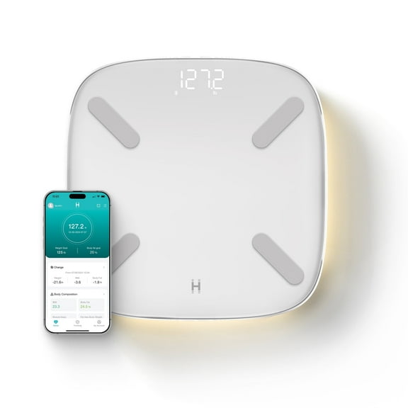 Homedics Smart Glo, Digital Bathroom Scale, Motion-Sensing Ambient Center Illumination, Sleek Tempered Glass, High-Precision Weight Measurement Up to 400 lbs, Sustainable Design, Bluetooth, White