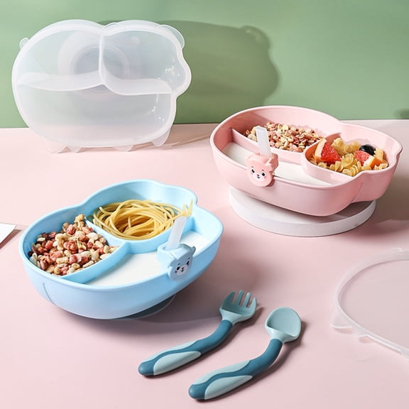Homeer Kids Tableware Set Baby Cutlery Set Dinnerware Set 1 Set Kids Tableware Non-Slip Suction Cup Compartment Plate with Lid