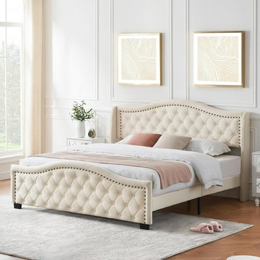 Homefan King Size Platform Bed Frame, Velvet Upholstered Bed with Deep Button Tufted & Nailhead Trim Wingback Headboard, No Box Spring, Beige