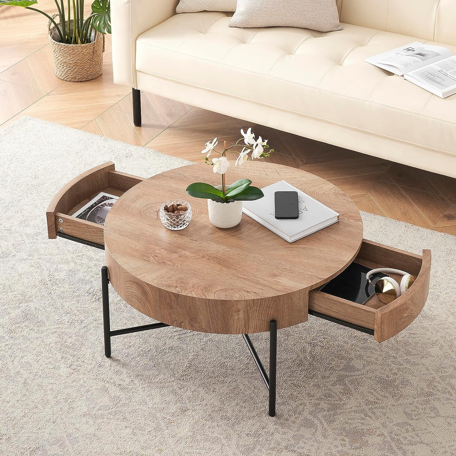 Homefan Round Coffee Table Solid Wood Center Table with Two Drawers