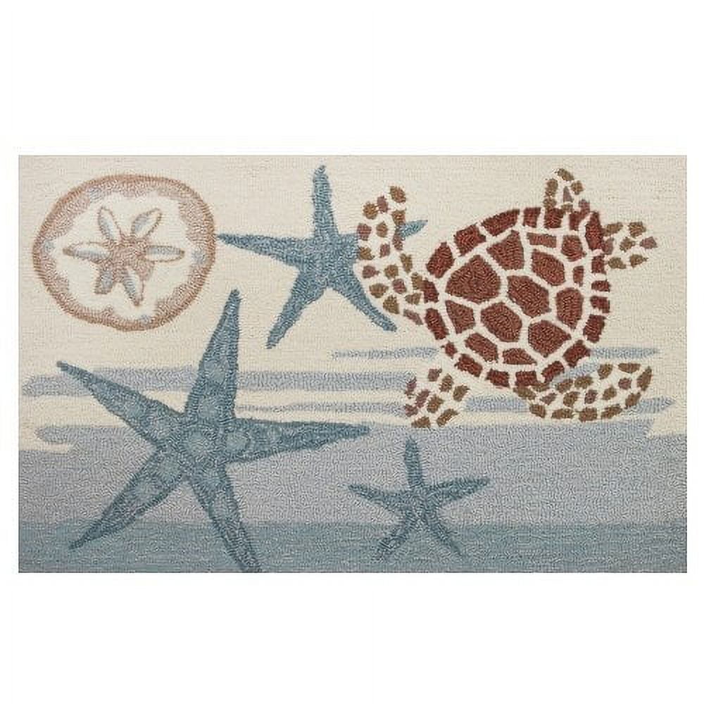 Handmade Light Blue and Off-White Wool Coastal Turtle Rug