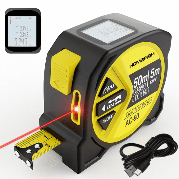 Homefish 3 in 1 Laser Tape Measure 165ft/50m, Smart Digital Measure Tape with HD LCD Display, Infrared Laser Distance Meter, Multi-Unit M/In/Ft, High Precision Measuring Tool for Construction, DIY