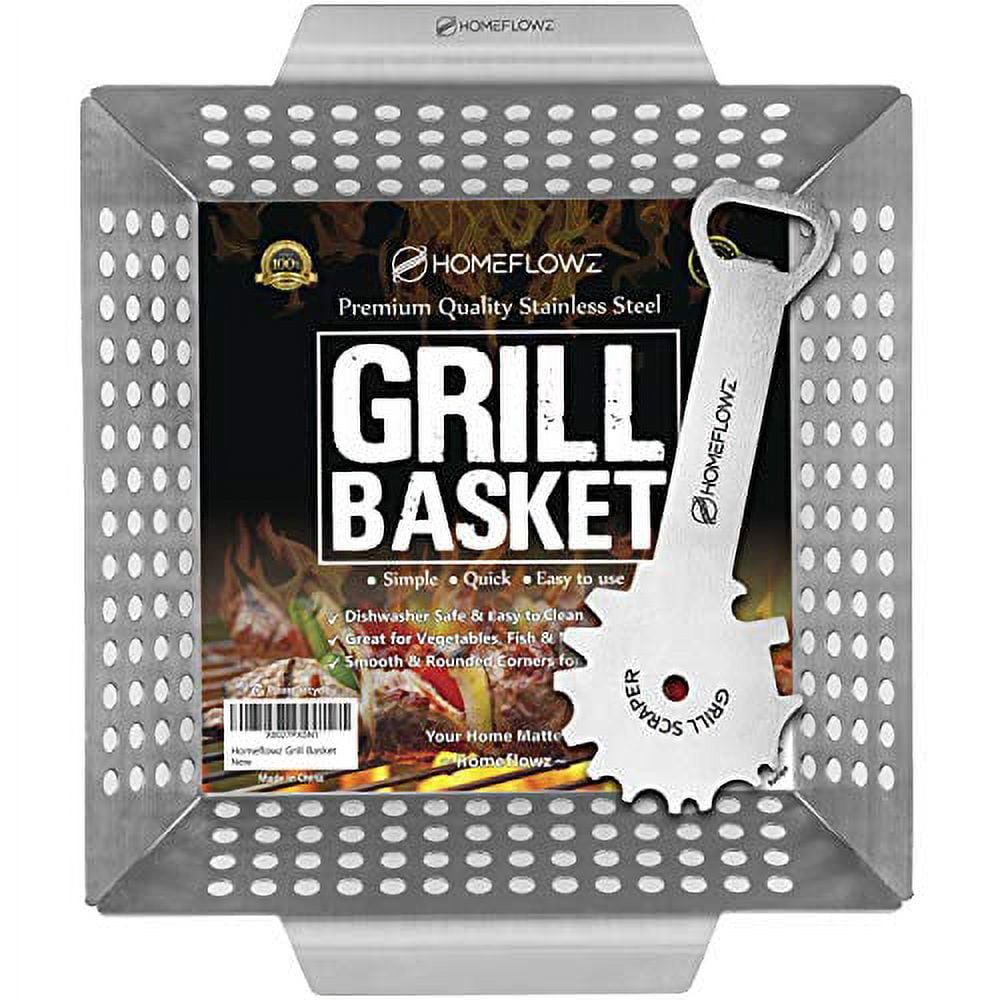 Homeflowz Heavy Duty Grill Basket and Scraper Large Veggie Grilling