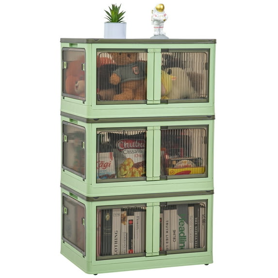 Homeforce 23 Gal Collapsible Storage Bins 3PC - Stackable Design with five-open Doors, Large Capacity Plastic foldable Storage Box with Lids,Home Kitchen or Bedroom Organizing Essentials,Green