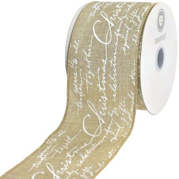 Homeford Christmas Cursive Script Faux Linen Wired Ribbon, Natural, 2-1/2-inch, 10-yard