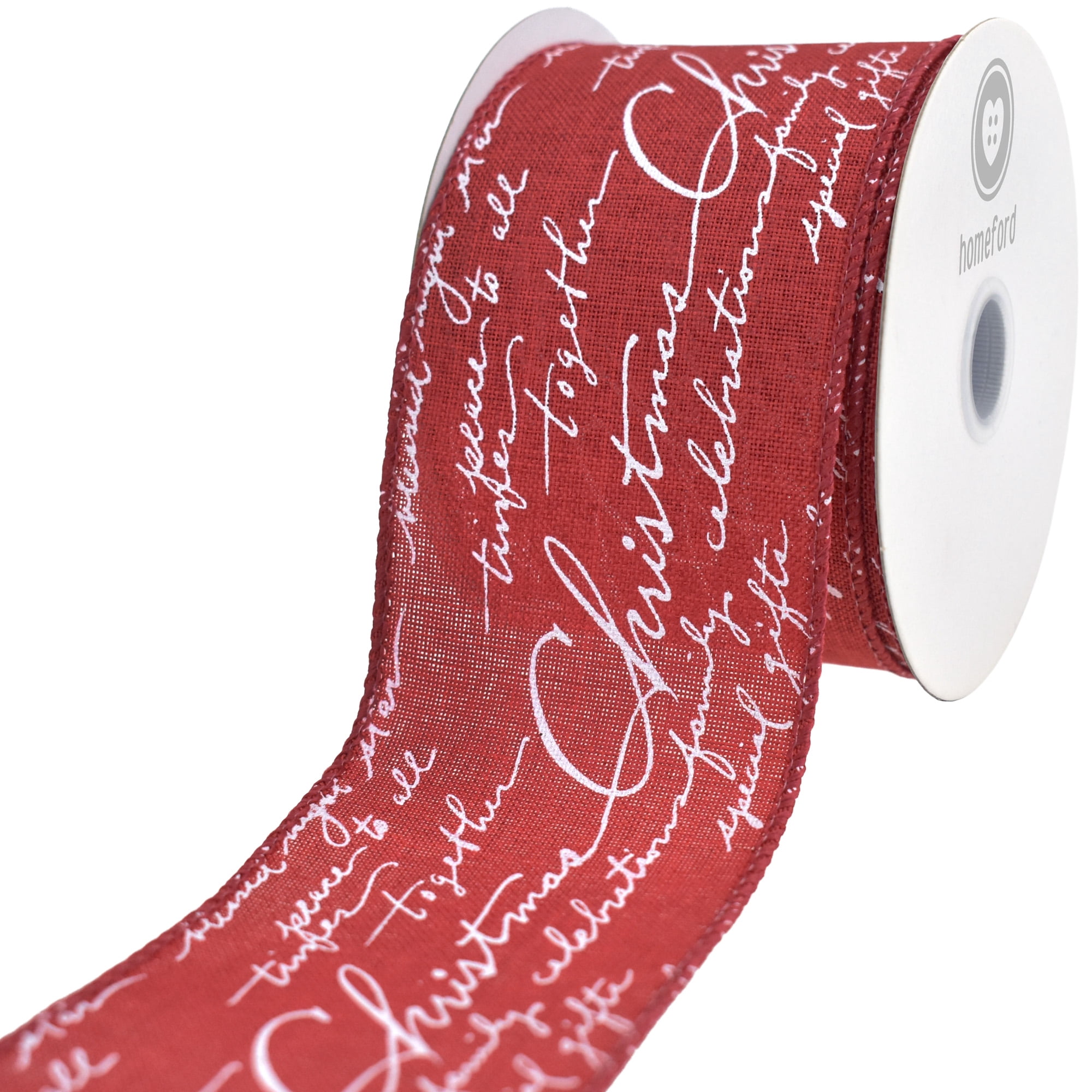 Homeford Christmas Cursive Script Faux Linen Wired Ribbon, Red, 2-1/2 ...