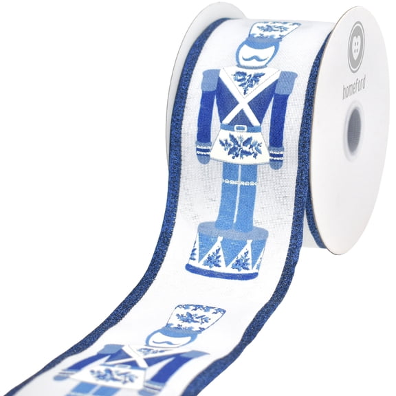 Homeford Christmas Glittered Chinoiserie Nutcracker Wired Ribbon, Blue, 2-1/2-inch, 10-yard