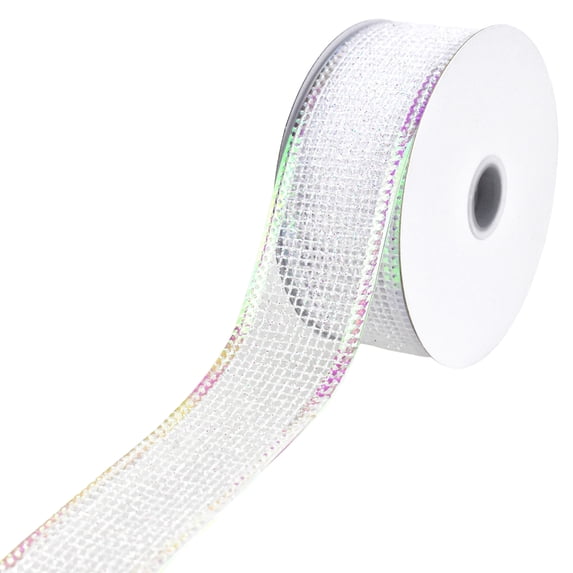 Homeford Christmas Glittered Net Metallic Edge Wired Ribbon, 1-1/2-inch, 10-yard, Iridescent White