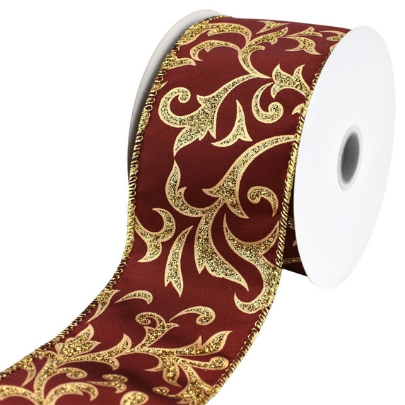 HOMEFORD ESC05 Christmas Glittered Scroll Fashion Wired Ribbon, 2-1/2-inch, 10-yard, Wine