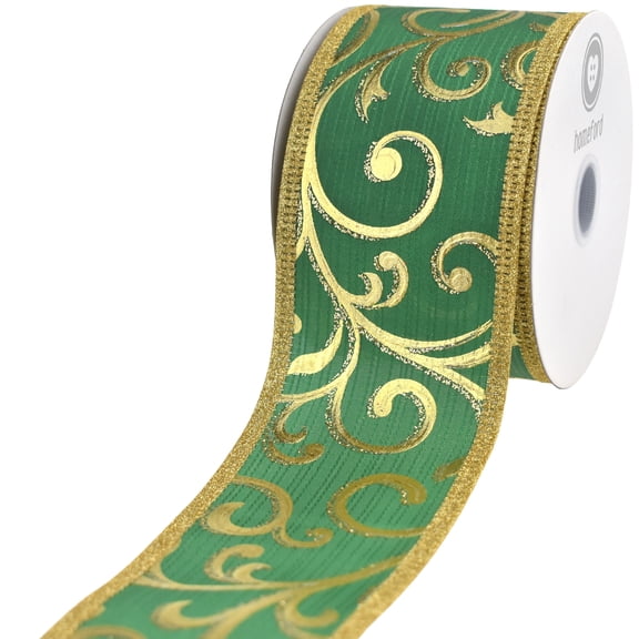 Homeford Christmas Metallic Embossed Swirls Wired Ribbon, Emerald Green, 2-1/2-inch, 10-yard