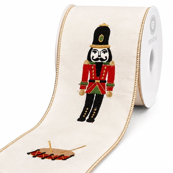 Homeford Christmas Nutcracker Embroidered Wired Edge Ribbon, 4-inch, White, 5-yard
