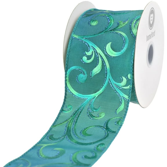 Homeford Christmas Satin Peacock Swirls Wired Ribbon, Turquoise, 2-1/2-inch, 10-yard
