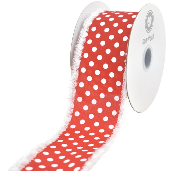 Homeford Christmas Satin Polka Dots Fuzzy Edge Wired Ribbon, Red, 2-1/2-inch, 10-yard