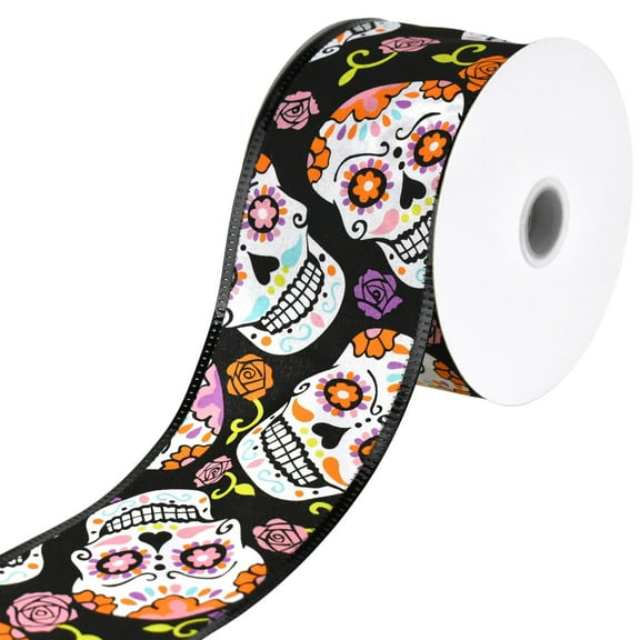 Homeford Dia de los Muertos Skulls Satin Wired Ribbon, 2-1/2-inch, 10-yard, Black