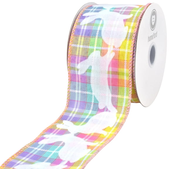 Homeford Easter Pastel Plaid Flocked Bunnies Wired Ribbon, 2-1/12-inch, Multicolor, 10-yard