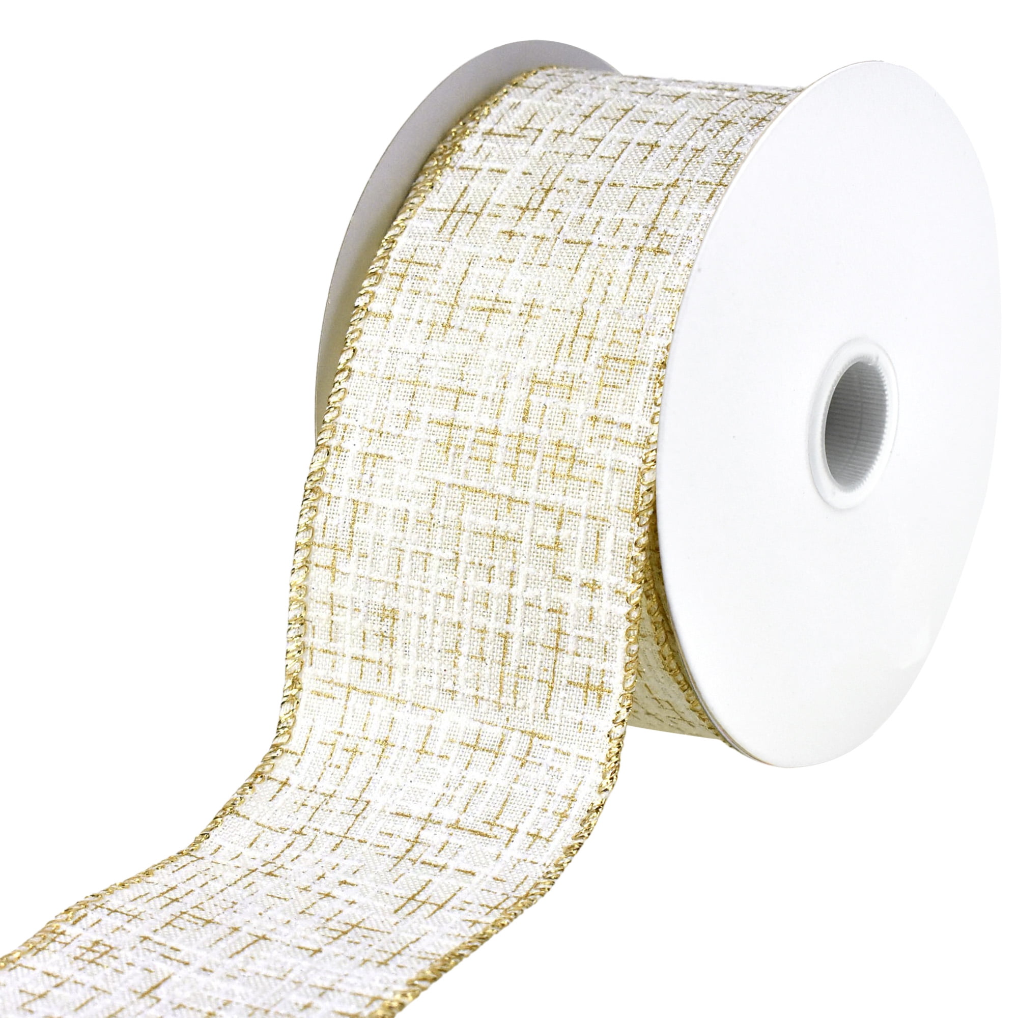 Homeford Elegant Striped Texture Faux Linen Wired Ribbon, 2-1/2-inch, 10-yard, Ivory/Gold