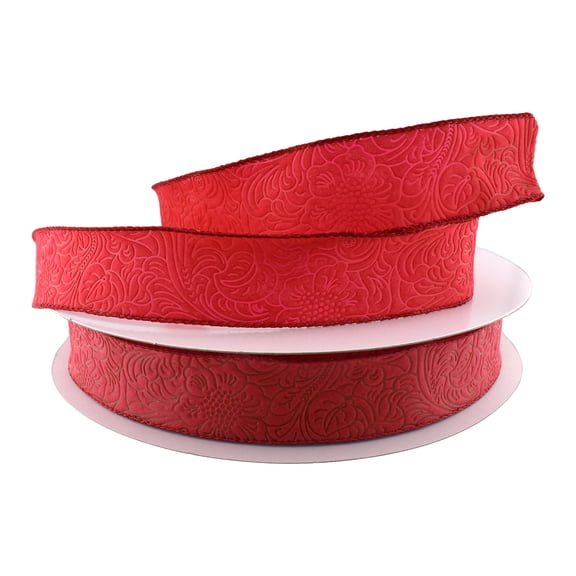 Homeford Embossed Flowers Hot Cut Edge Floral Wrap Ribbon, 1-1/2-inch, 50-yard, Red