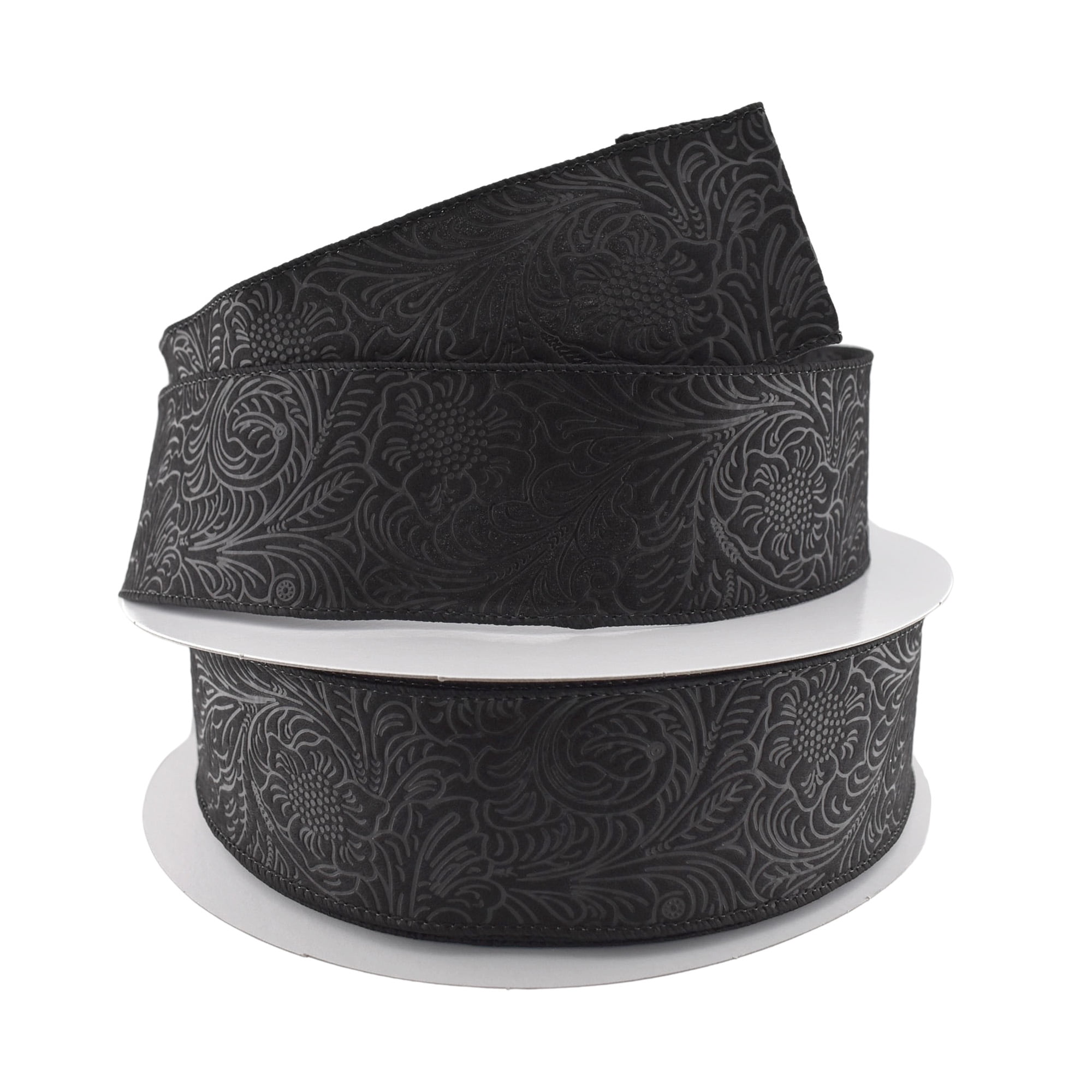 Homeford Embossed Flowers Hot Cut Edge Floral Wrap Ribbon, 2-1/2-inch, 50-yard, Black