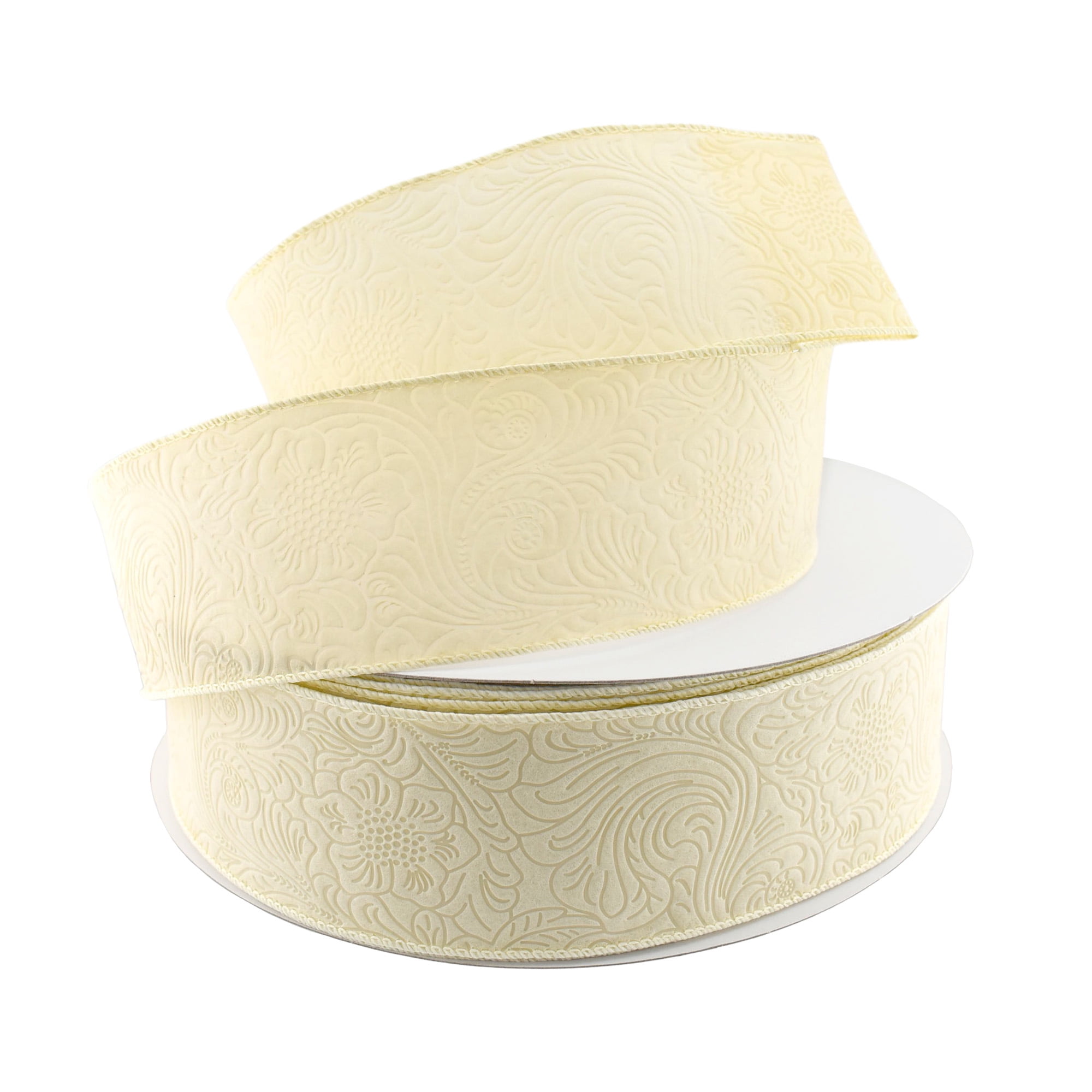 Homeford Embossed Flowers Hot Cut Edge Floral Wrap Ribbon, 2-1/2-inch, 50-yard, Ivory