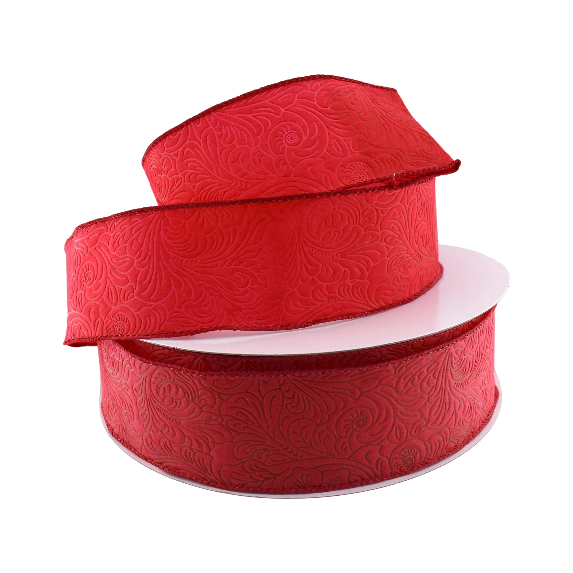 Homeford Embossed Flowers Hot Cut Edge Floral Wrap Ribbon, 2-1/2-inch, 50-yard, Red