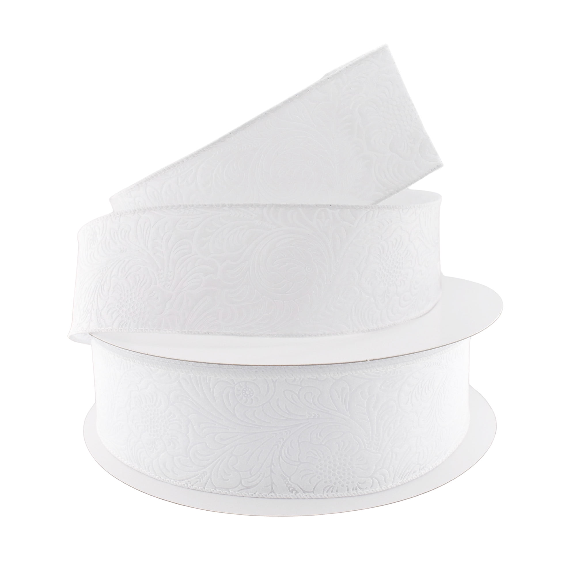 Homeford Embossed Flowers Hot Cut Edge Floral Wrap Ribbon, 2-1/2-inch, 50-yard, White
