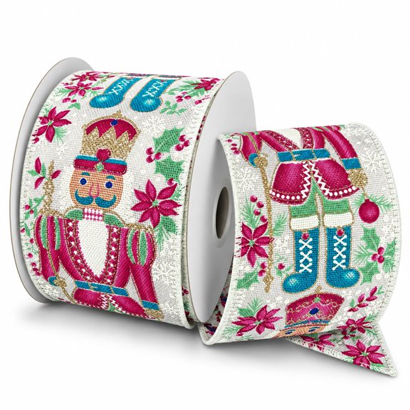 Homeford Fancy Nutcracker Christmas Linen Wired Ribbon, 2-1/2-inch, Pastel, 10-yard
