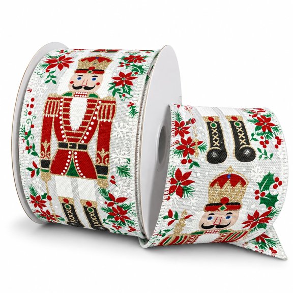 Homeford Fancy Nutcracker Christmas Linen Wired Ribbon, 2-1/2-inch, White, 10-yard